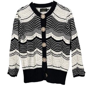 Icelandic Design Womens L Black White Chevron Pointelle Silk Cardigan Scandi Art